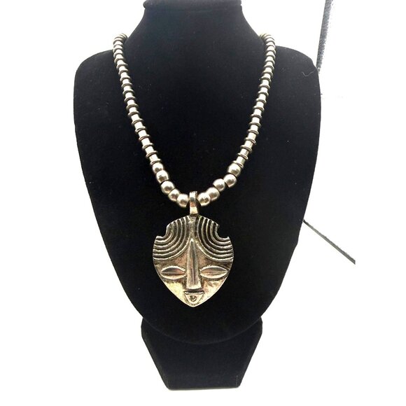VTG Tribal Mask Pendant Necklace African Modernist Brutalist Silver Tone Beaded - Picture 1 of 7